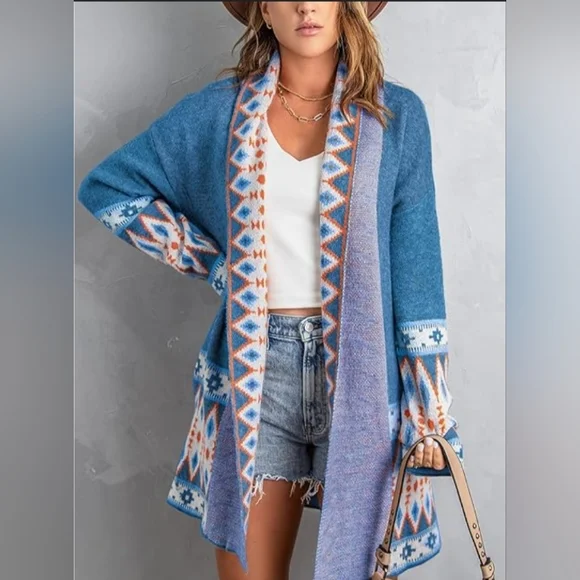 Chic Blue Aztec Cardigan Sweater Boutique Item - Picture 8 of 13